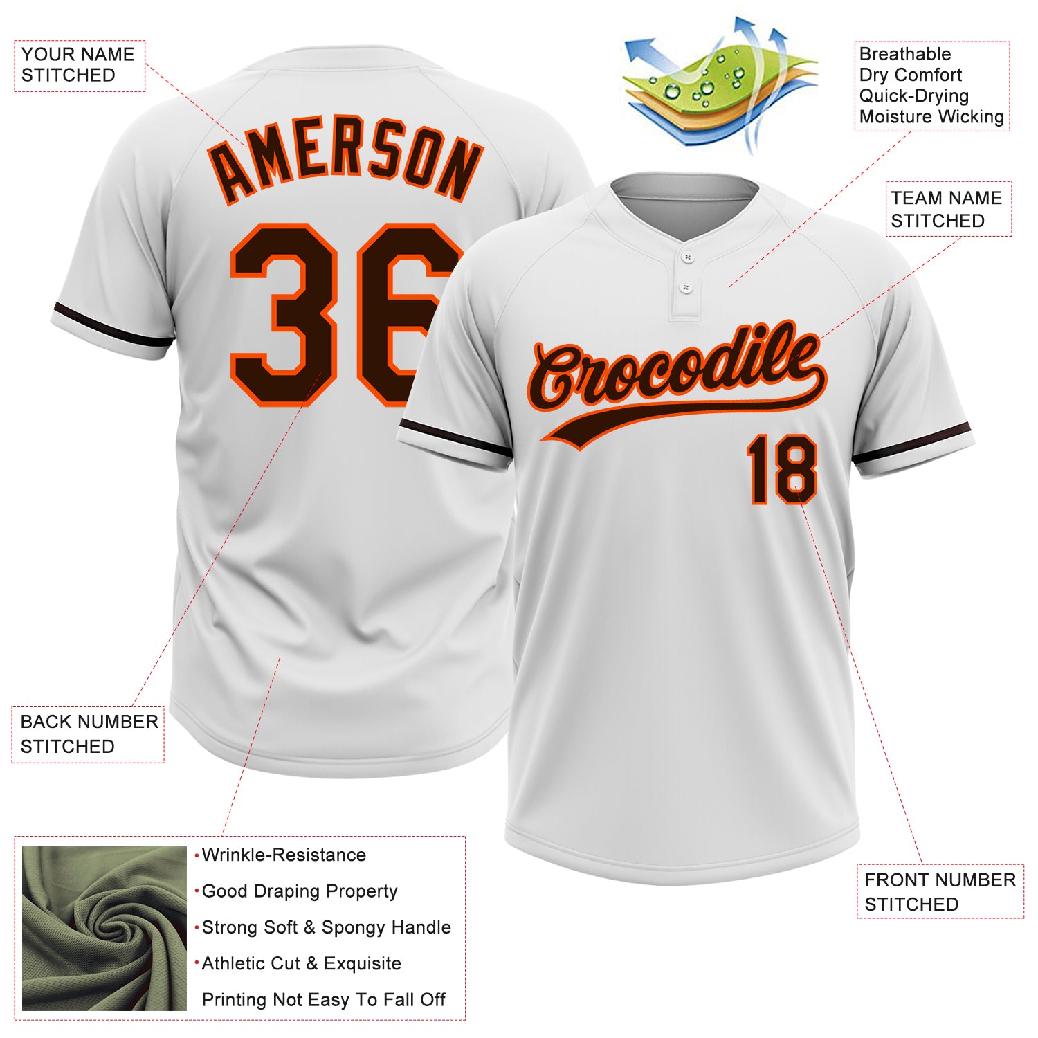 Custom White Brown-Orange Two-Button Unisex Softball Jersey