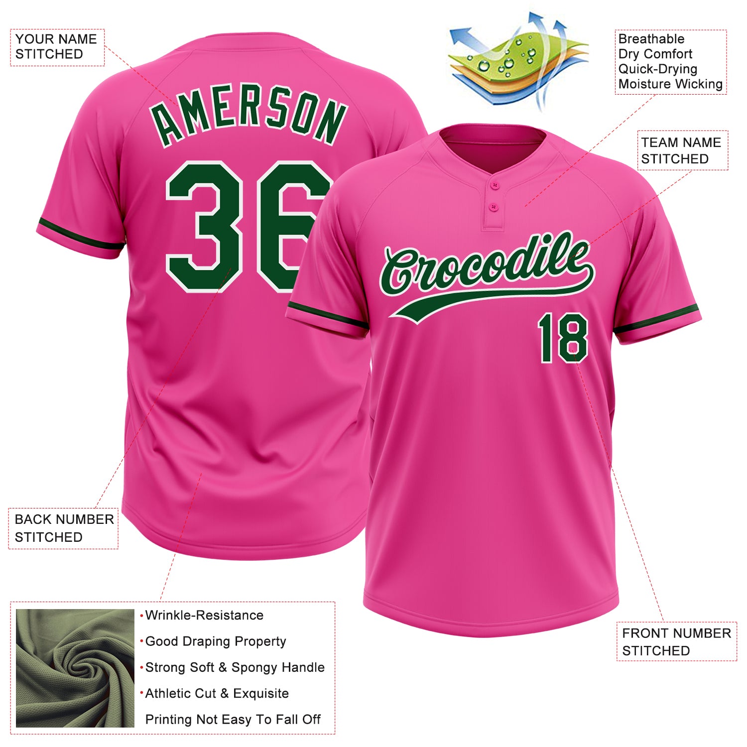 Custom Pink Green-White Two-Button Unisex Softball Jersey