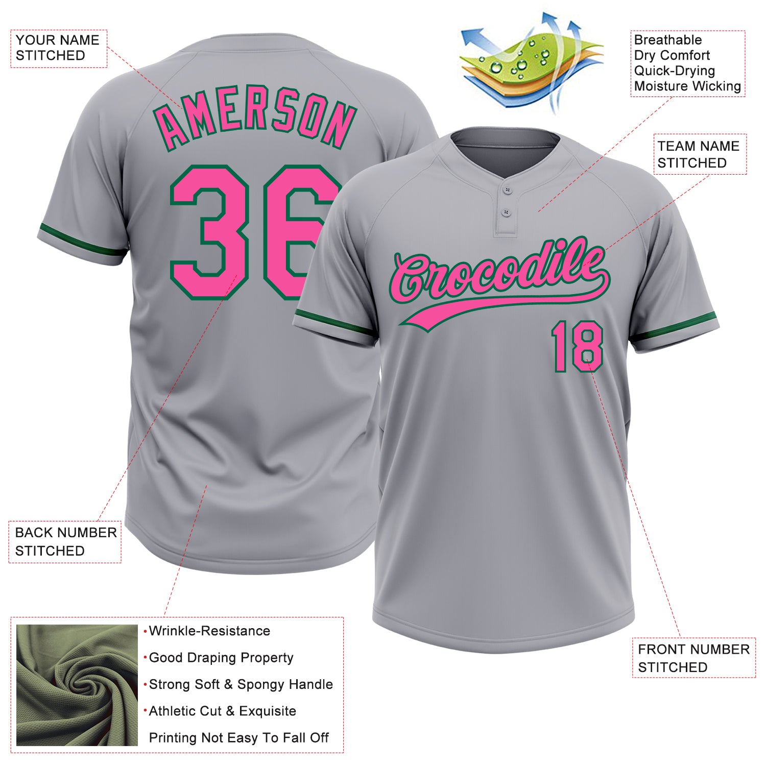 Custom Gray Pink-Kelly Green Two-Button Unisex Softball Jersey