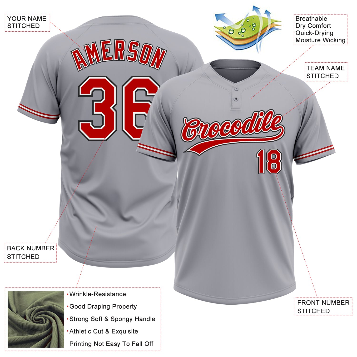 Custom Gray Red-Black Two-Button Unisex Softball Jersey