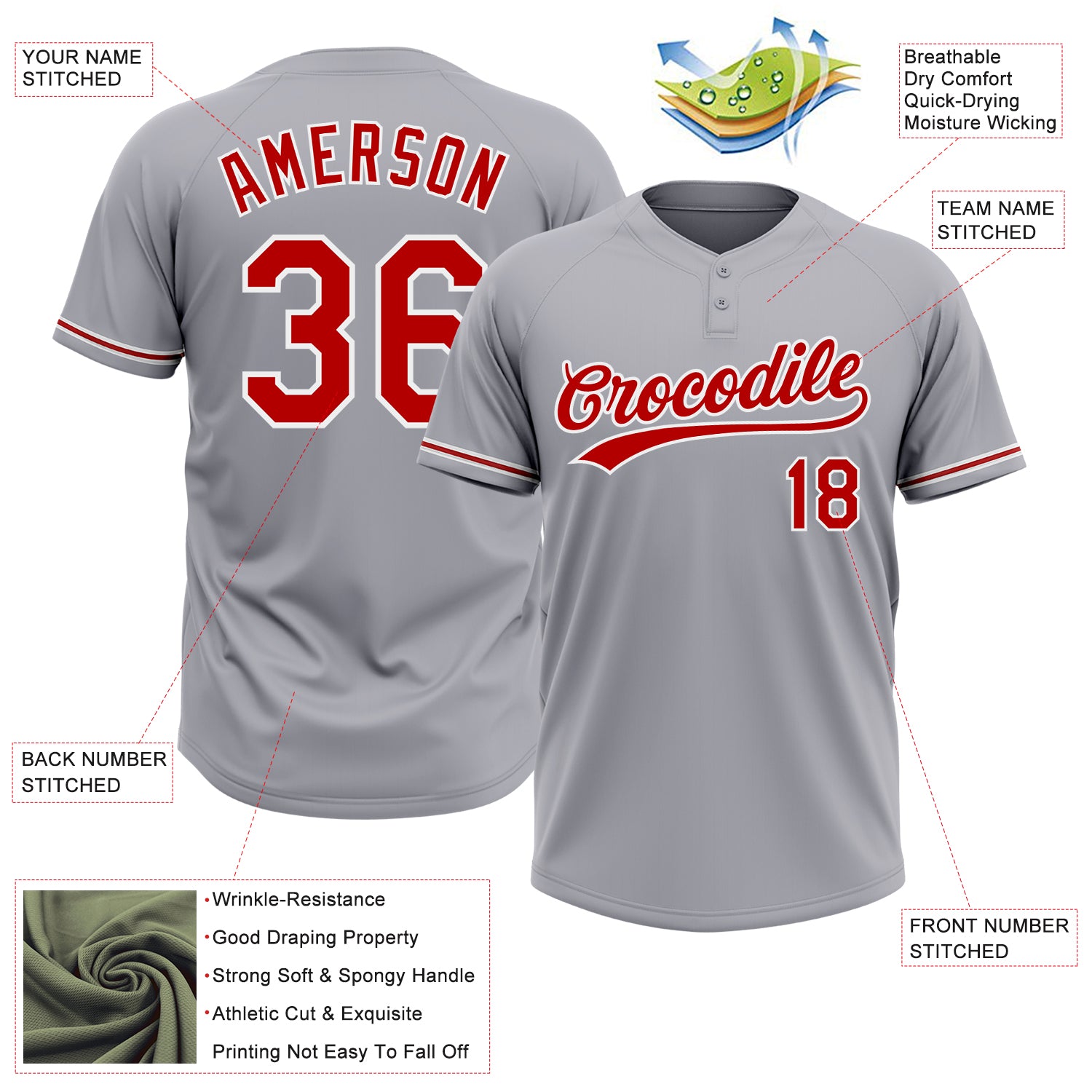 Custom Gray Red-White Two-Button Unisex Softball Jersey