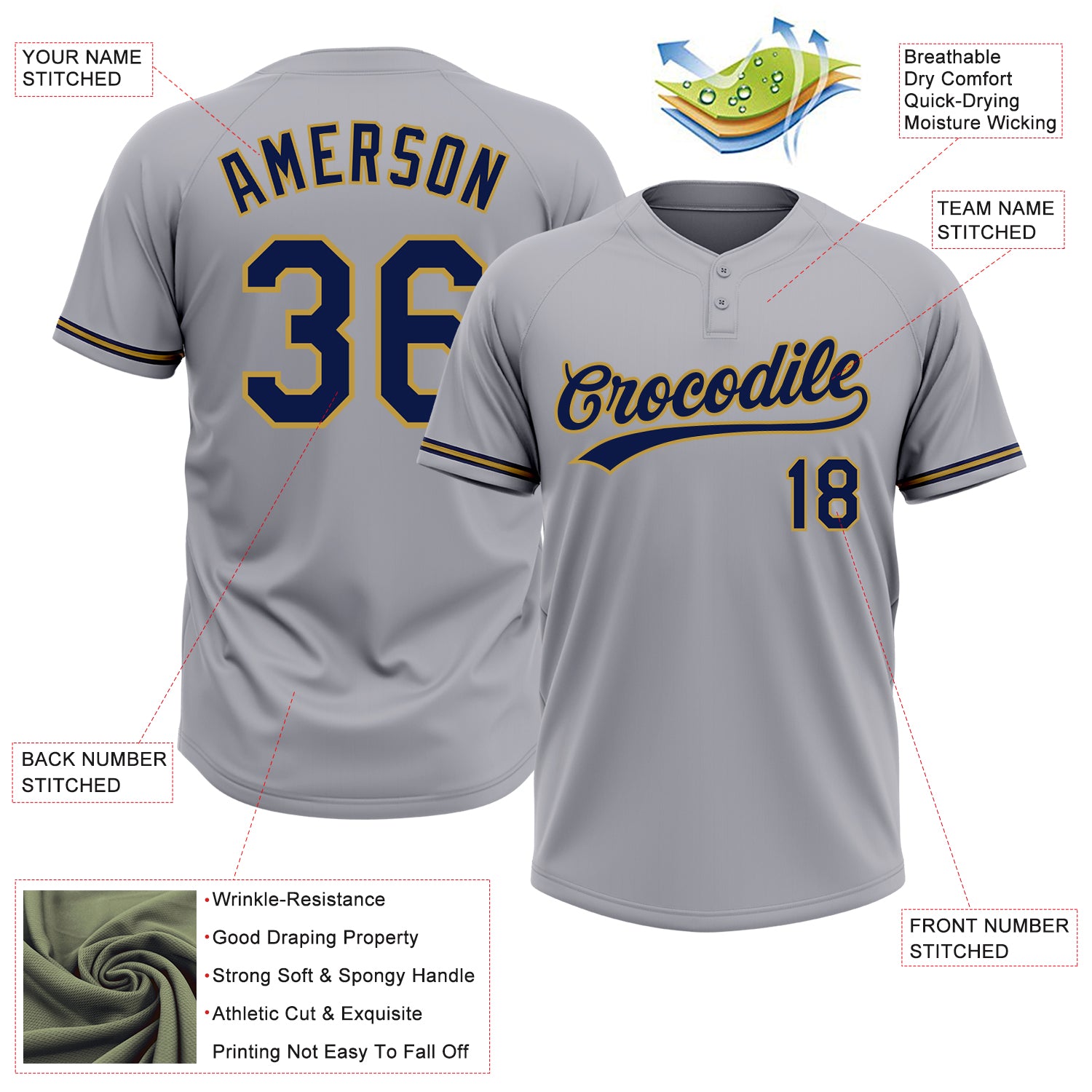 Custom Gray Navy-Old Gold Two-Button Unisex Softball Jersey
