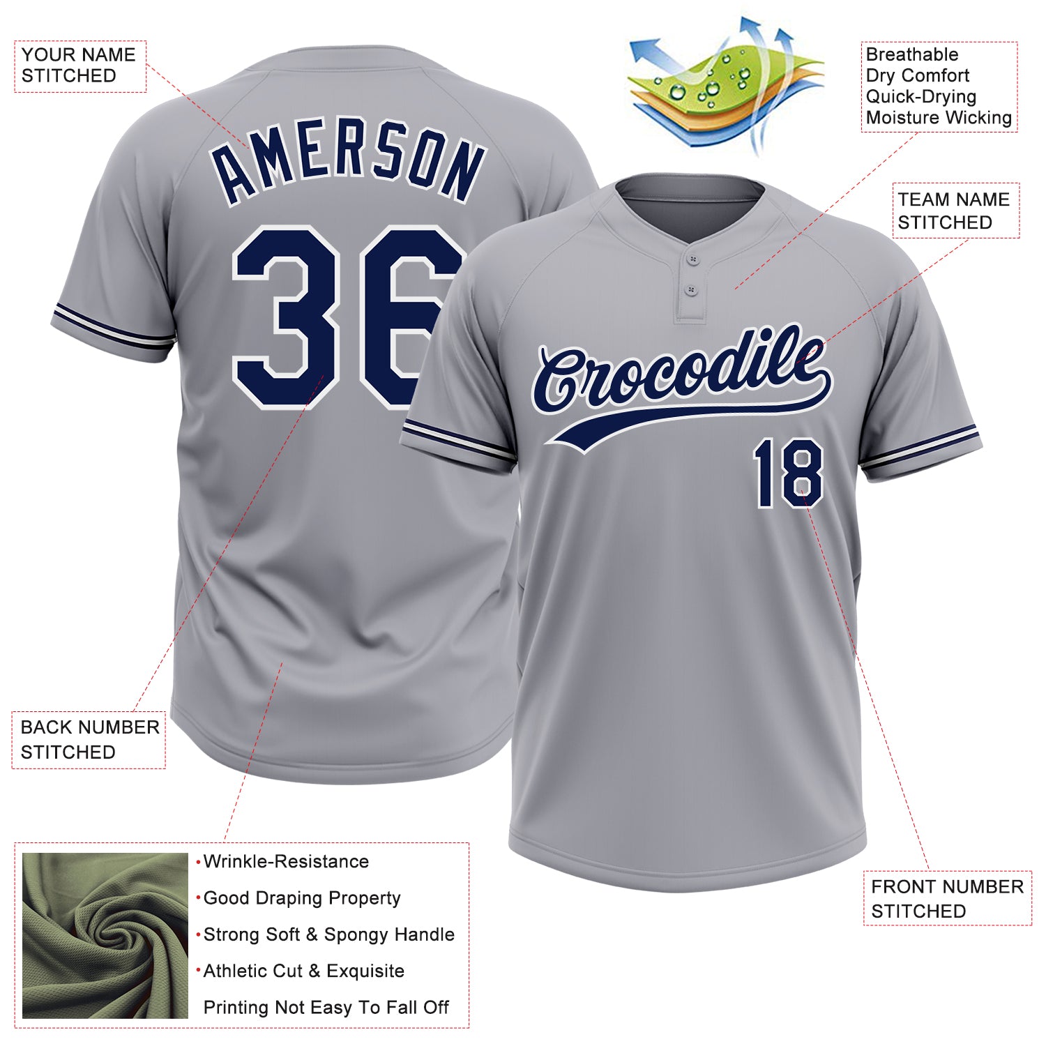 Custom Gray Navy-White Two-Button Unisex Softball Jersey