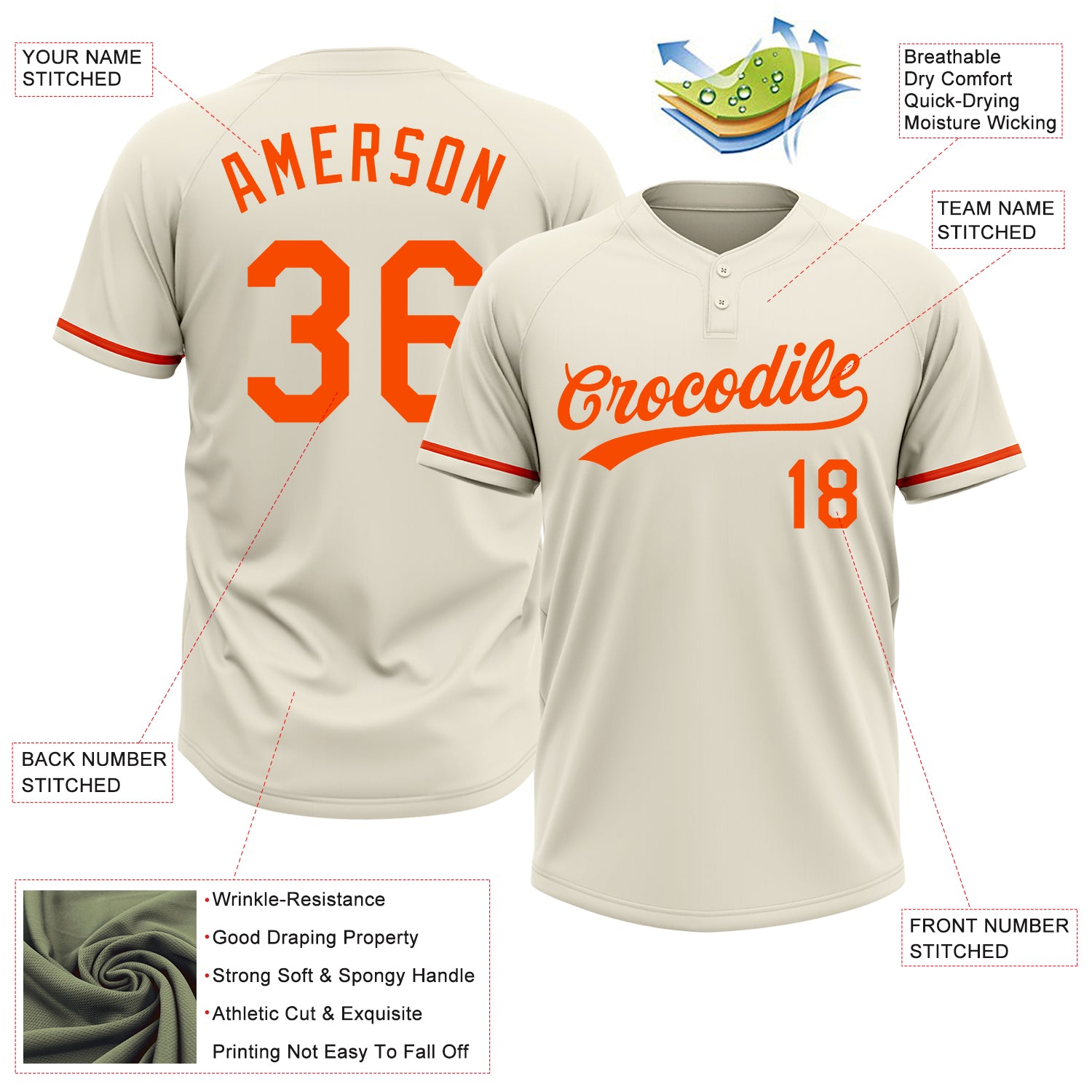 Custom Cream Orange Two-Button Unisex Softball Jersey