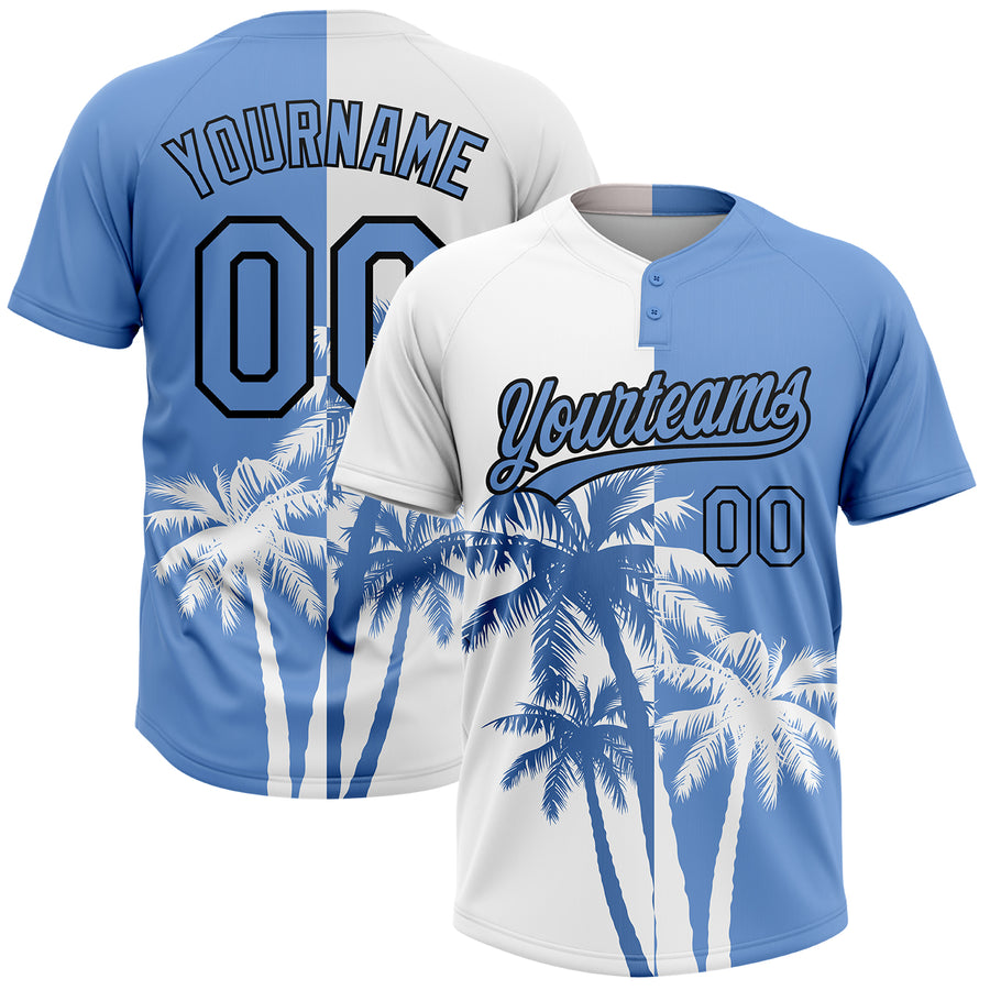 Custom White Light Blue-Black 3D Pattern Hawaii Coconut Trees Two-Button Unisex Softball Jersey