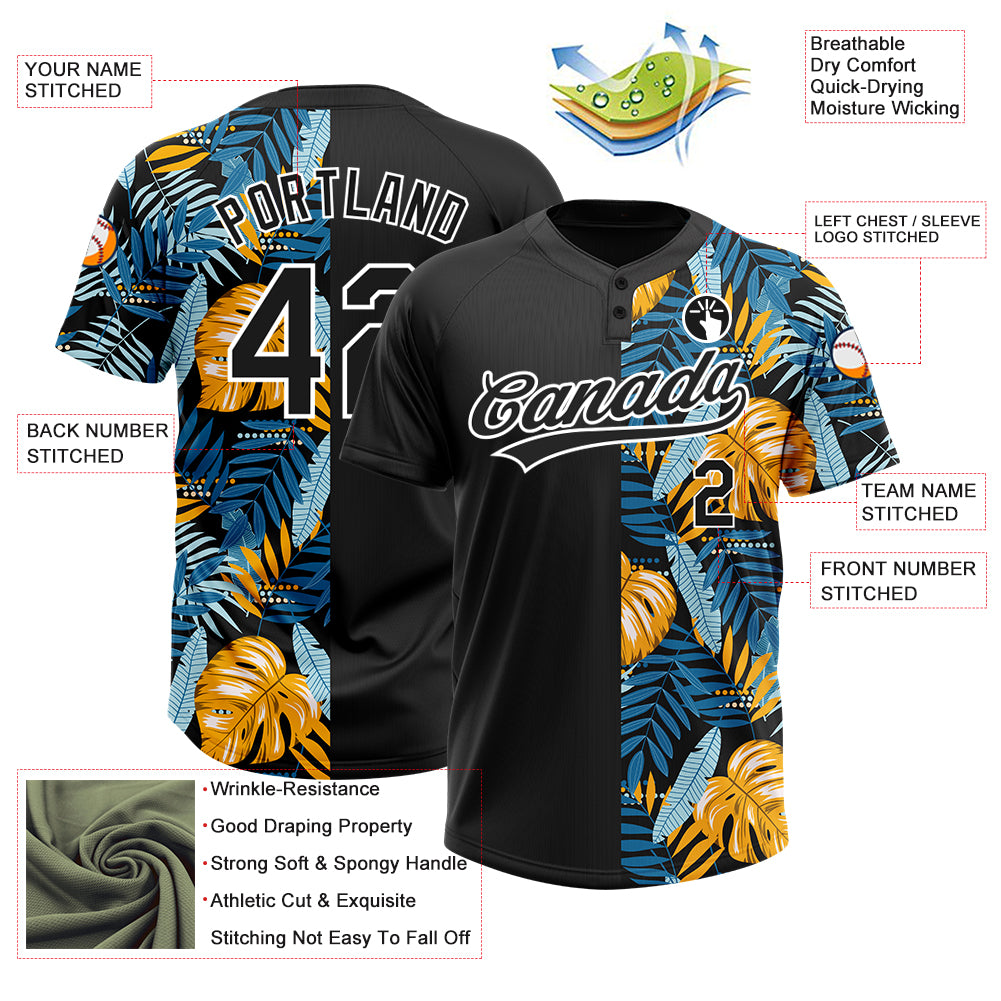 Custom Black White 3D Pattern Hawaii Tropical Leaves Two-Button Unisex Softball Jersey