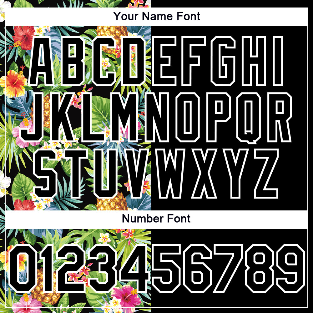 Custom Black White 3D Pattern Hawaii Tropical Pineapples, Palm Leaves And Flowers Two-Button Unisex Softball Jersey