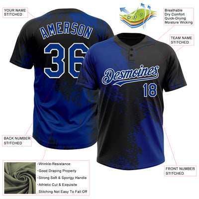Custom Royal Black-White 3D Pattern Abstract Brush Stroke Two-Button Unisex Softball Jersey