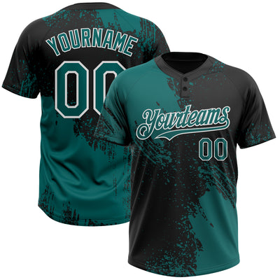 Custom Teal Black-White 3D Pattern Abstract Brush Stroke Two-Button Unisex Softball Jersey
