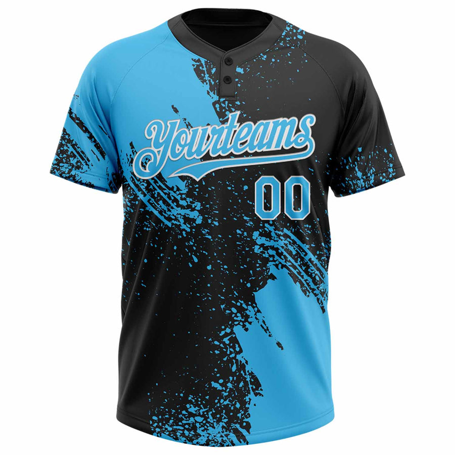 Custom Sky Blue Black-White 3D Pattern Abstract Brush Stroke Two-Button Unisex Softball Jersey