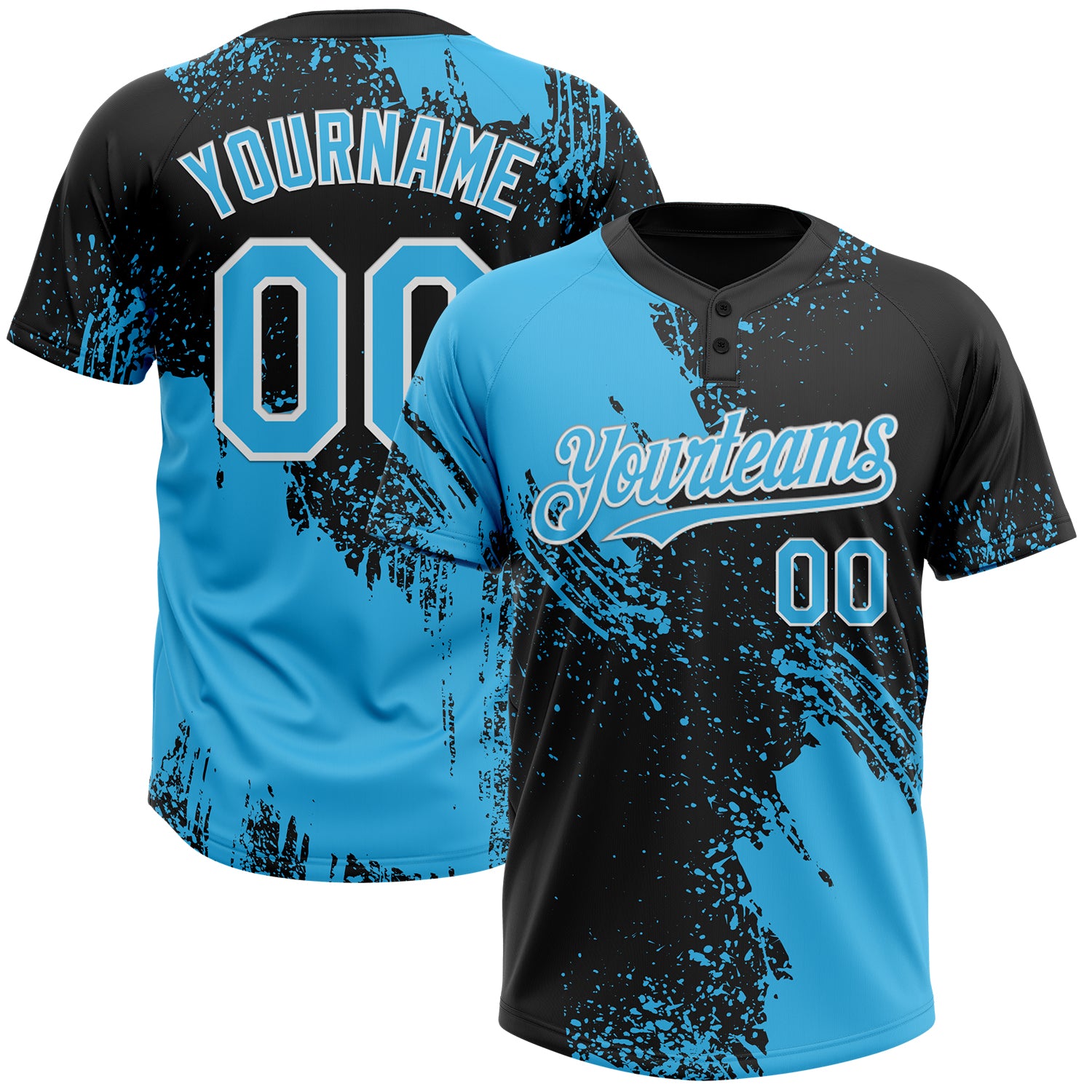 Custom Sky Blue Black-White 3D Pattern Abstract Brush Stroke Two-Button Unisex Softball Jersey