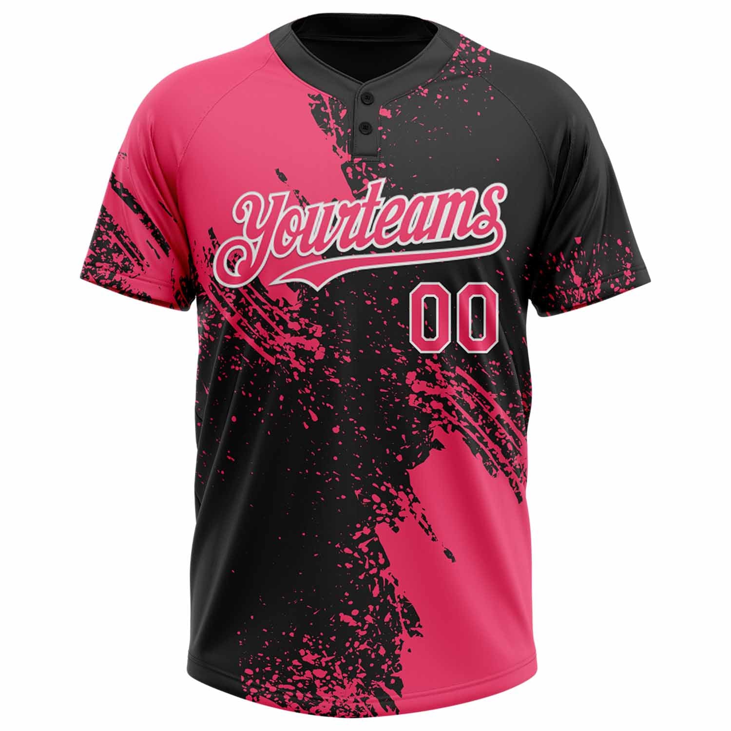 Custom Neon Pink Black-White 3D Pattern Abstract Brush Stroke Two-Button Unisex Softball Jersey