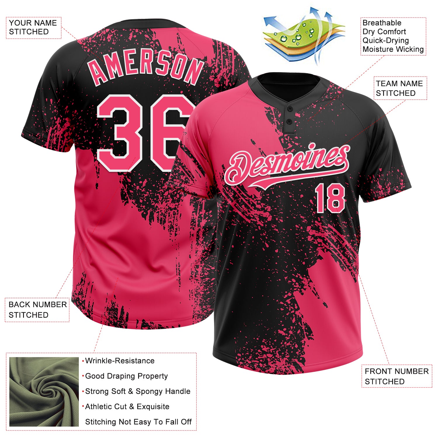 Custom Neon Pink Black-White 3D Pattern Abstract Brush Stroke Two-Button Unisex Softball Jersey