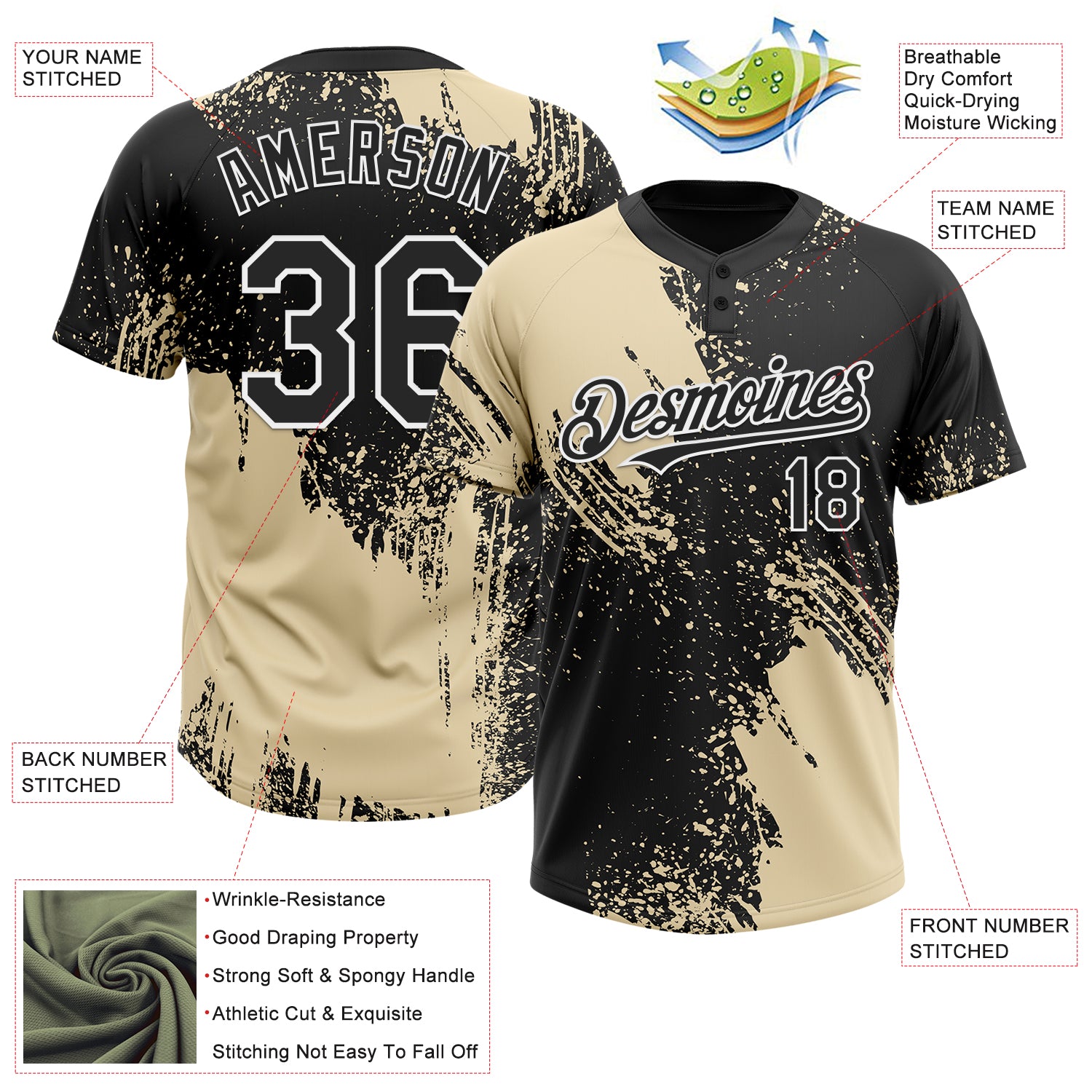 Custom Cream Black-White 3D Pattern Abstract Brush Stroke Two-Button Unisex Softball Jersey