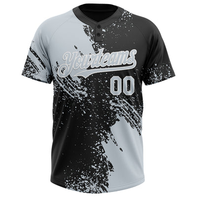 Custom Silver Black-White 3D Pattern Abstract Brush Stroke Two-Button Unisex Softball Jersey