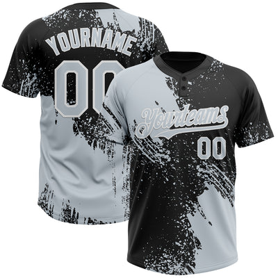 Custom Silver Black-White 3D Pattern Abstract Brush Stroke Two-Button Unisex Softball Jersey