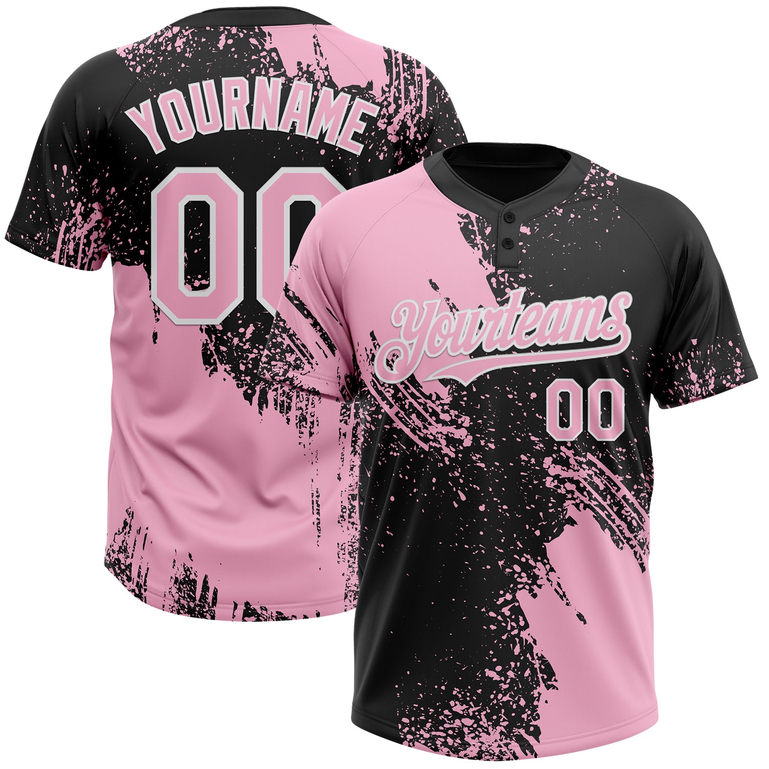 Custom Light Pink Black-White 3D Pattern Abstract Brush Stroke Two-Button Unisex Softball Jersey