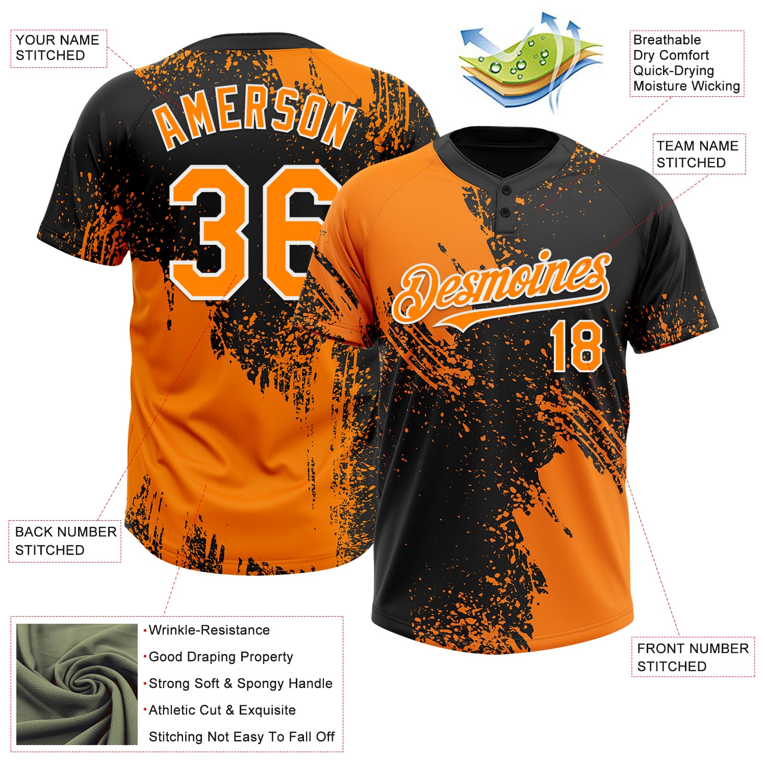 Custom Bay Orange Black-White 3D Pattern Abstract Brush Stroke Two-Button Unisex Softball Jersey