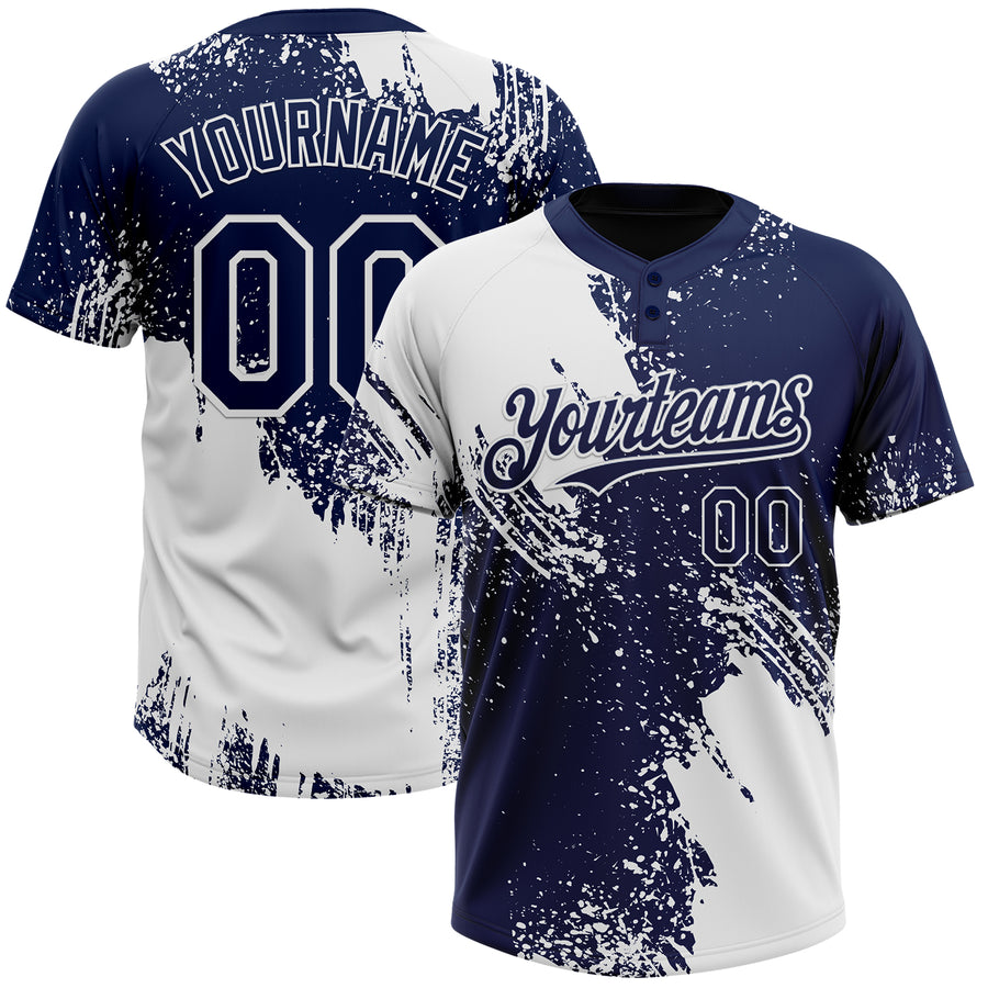 Custom White Navy 3D Pattern Abstract Brush Stroke Two-Button Unisex Softball Jersey