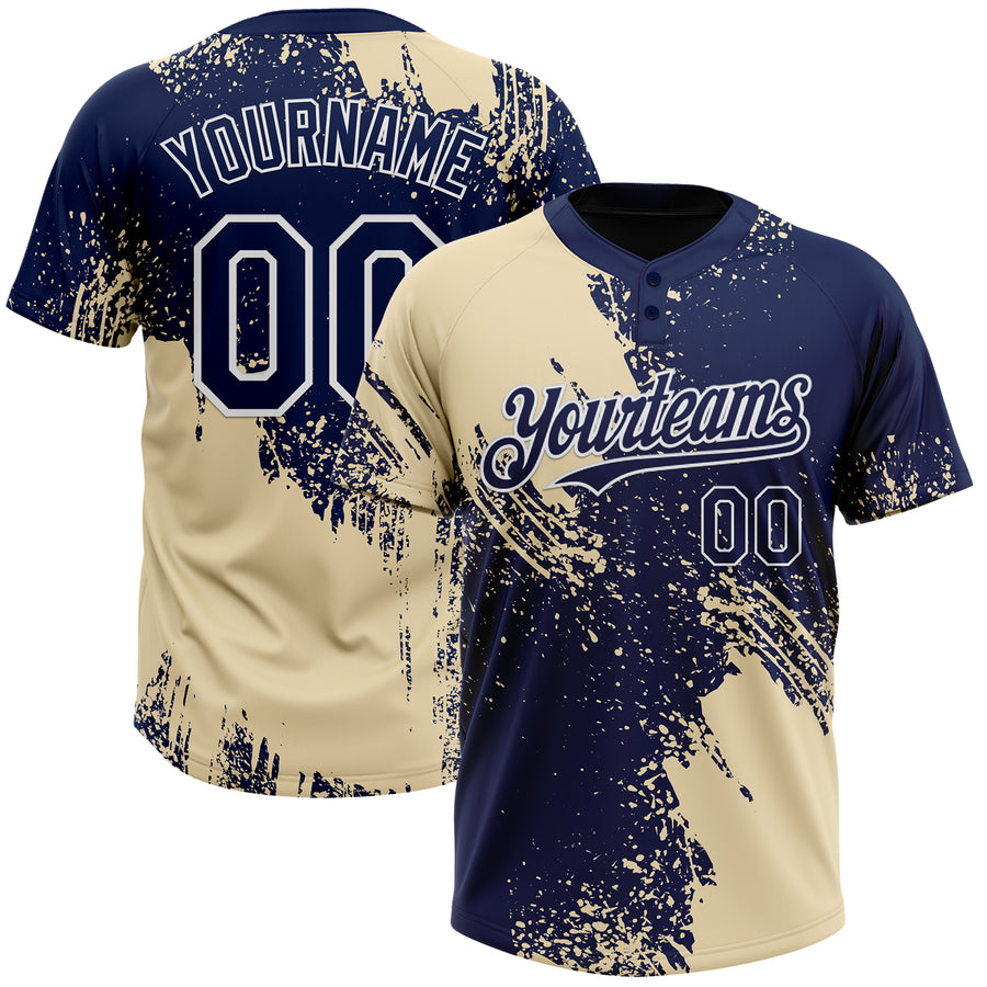Custom Cream Navy-White 3D Pattern Abstract Brush Stroke Two-Button Unisex Softball Jersey