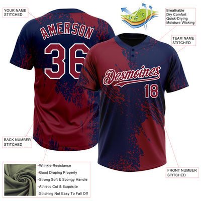 Custom Crimson Navy-White 3D Pattern Abstract Brush Stroke Two-Button Unisex Softball Jersey