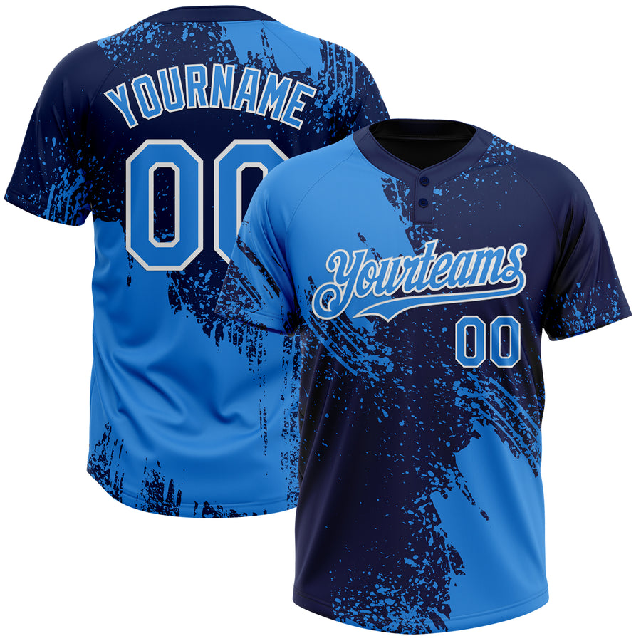Custom Electric Blue Navy-White 3D Pattern Abstract Brush Stroke Two-Button Unisex Softball Jersey