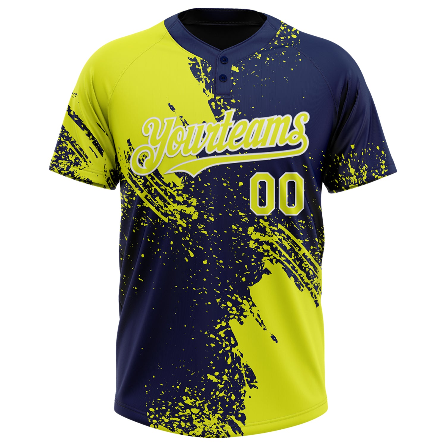 Custom Neon Yellow Navy-White 3D Pattern Abstract Brush Stroke Two-Button Unisex Softball Jersey