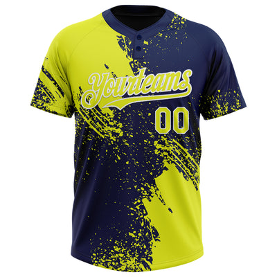 Custom Neon Yellow Navy-White 3D Pattern Abstract Brush Stroke Two-Button Unisex Softball Jersey