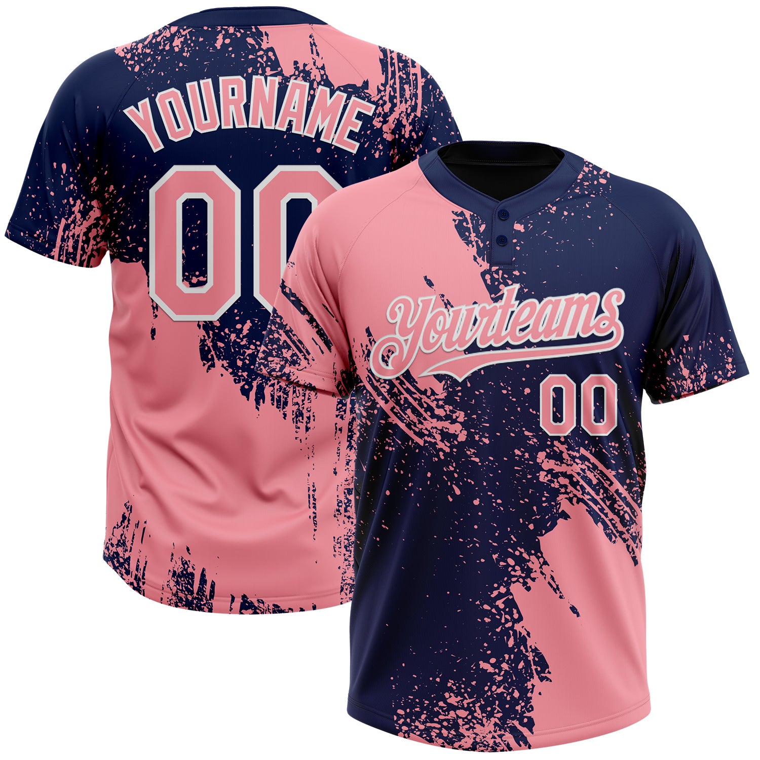 Custom Medium Pink Navy-White 3D Pattern Abstract Brush Stroke Two-Button Unisex Softball Jersey