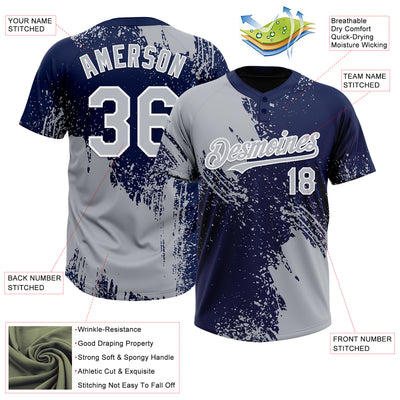 Custom Gray Navy-White 3D Pattern Abstract Brush Stroke Two-Button Unisex Softball Jersey