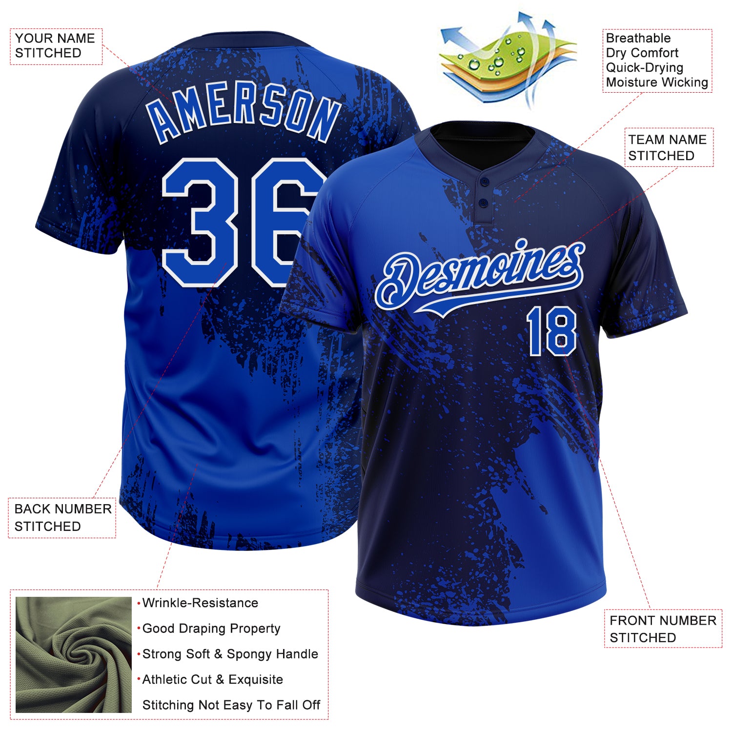 Custom Thunder Blue Navy-White 3D Pattern Abstract Brush Stroke Two-Button Unisex Softball Jersey