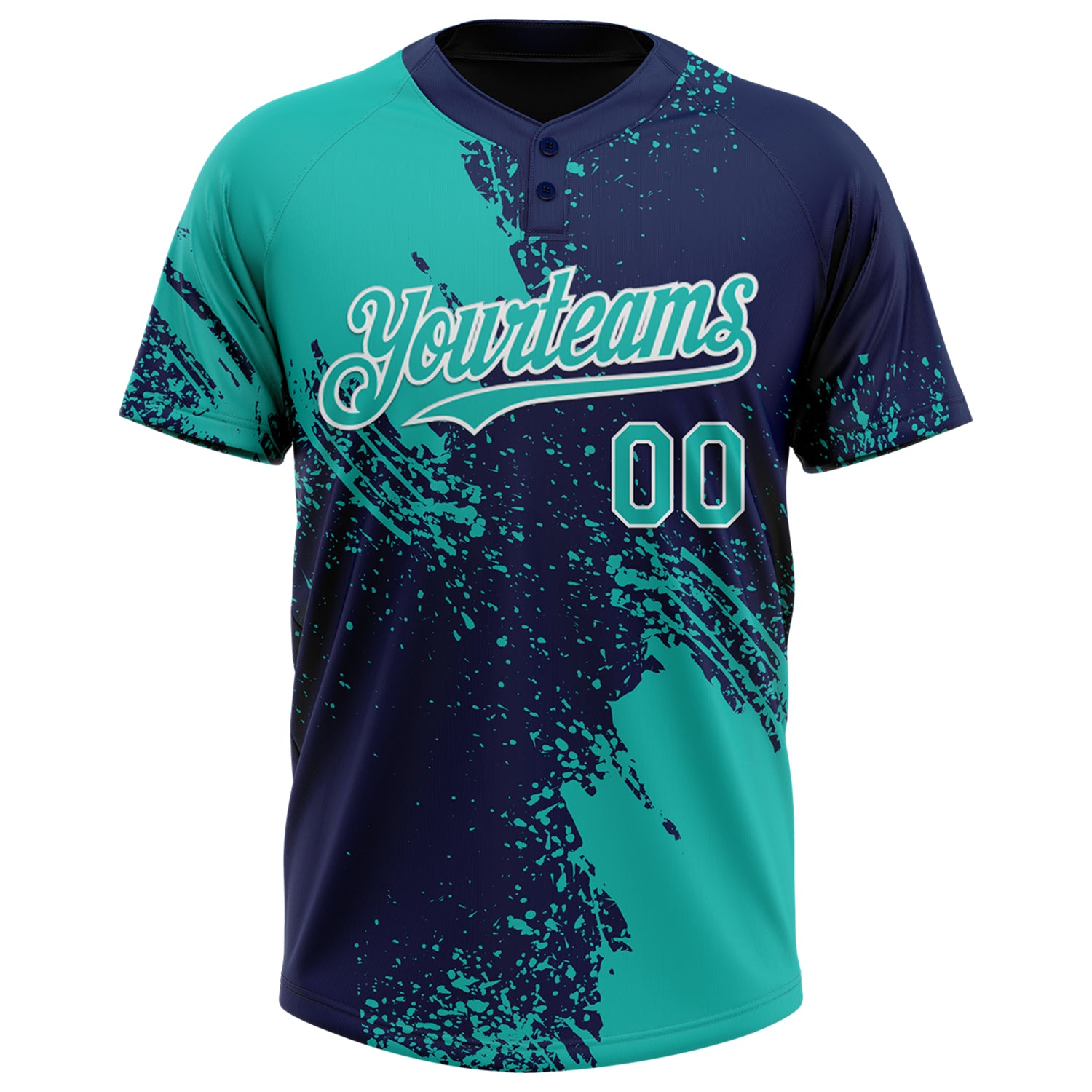 Custom Aqua Navy-White 3D Pattern Abstract Brush Stroke Two-Button Unisex Softball Jersey