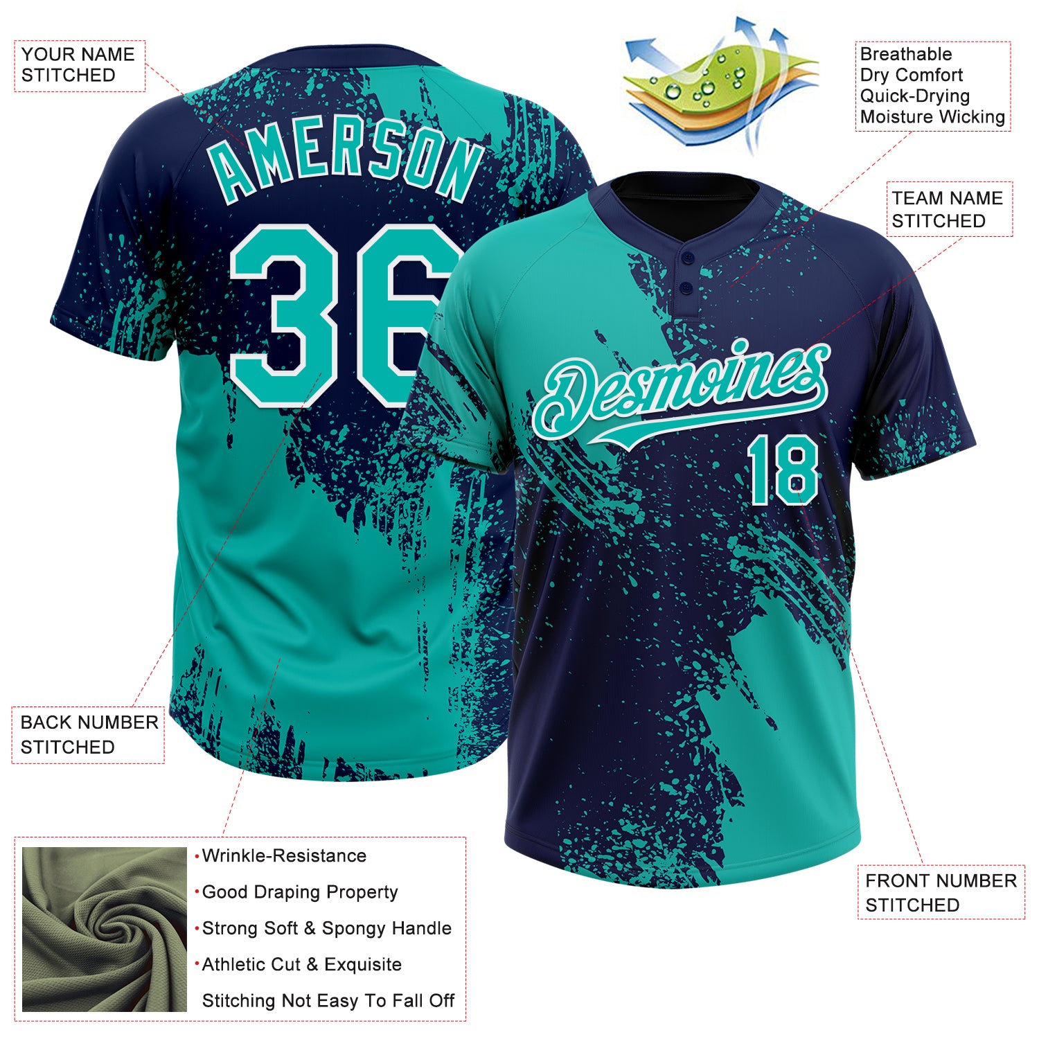Custom Aqua Navy-White 3D Pattern Abstract Brush Stroke Two-Button Unisex Softball Jersey