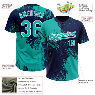 Custom Aqua Navy-White 3D Pattern Abstract Brush Stroke Two-Button Unisex Softball Jersey