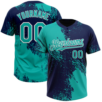 Custom Aqua Navy-White 3D Pattern Abstract Brush Stroke Two-Button Unisex Softball Jersey