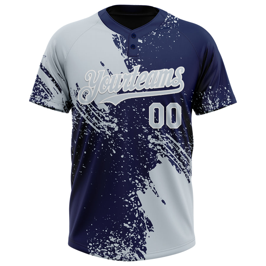 Custom Silver Navy-White 3D Pattern Abstract Brush Stroke Two-Button Unisex Softball Jersey