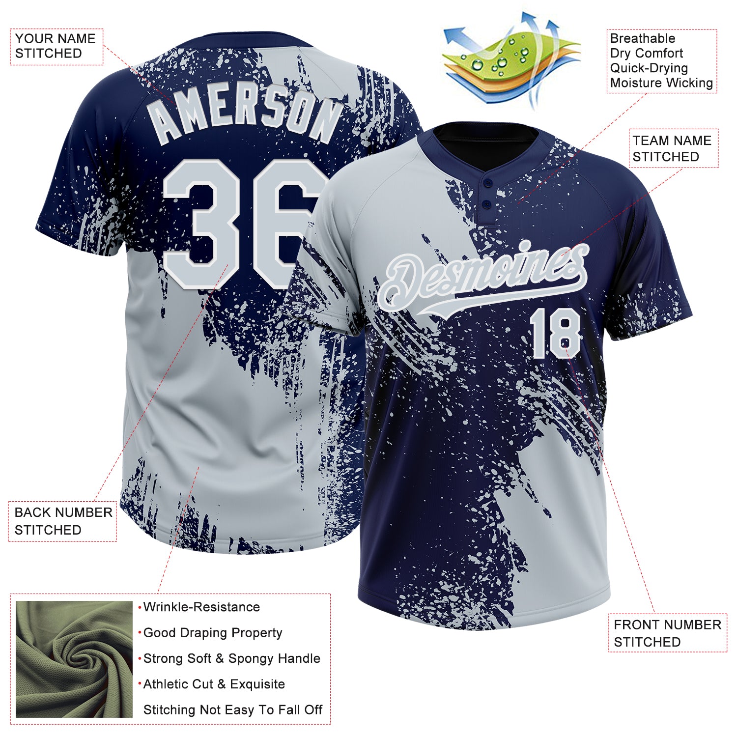 Custom Silver Navy-White 3D Pattern Abstract Brush Stroke Two-Button Unisex Softball Jersey