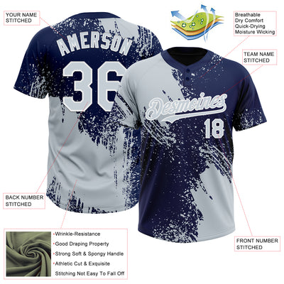 Custom Silver Navy-White 3D Pattern Abstract Brush Stroke Two-Button Unisex Softball Jersey