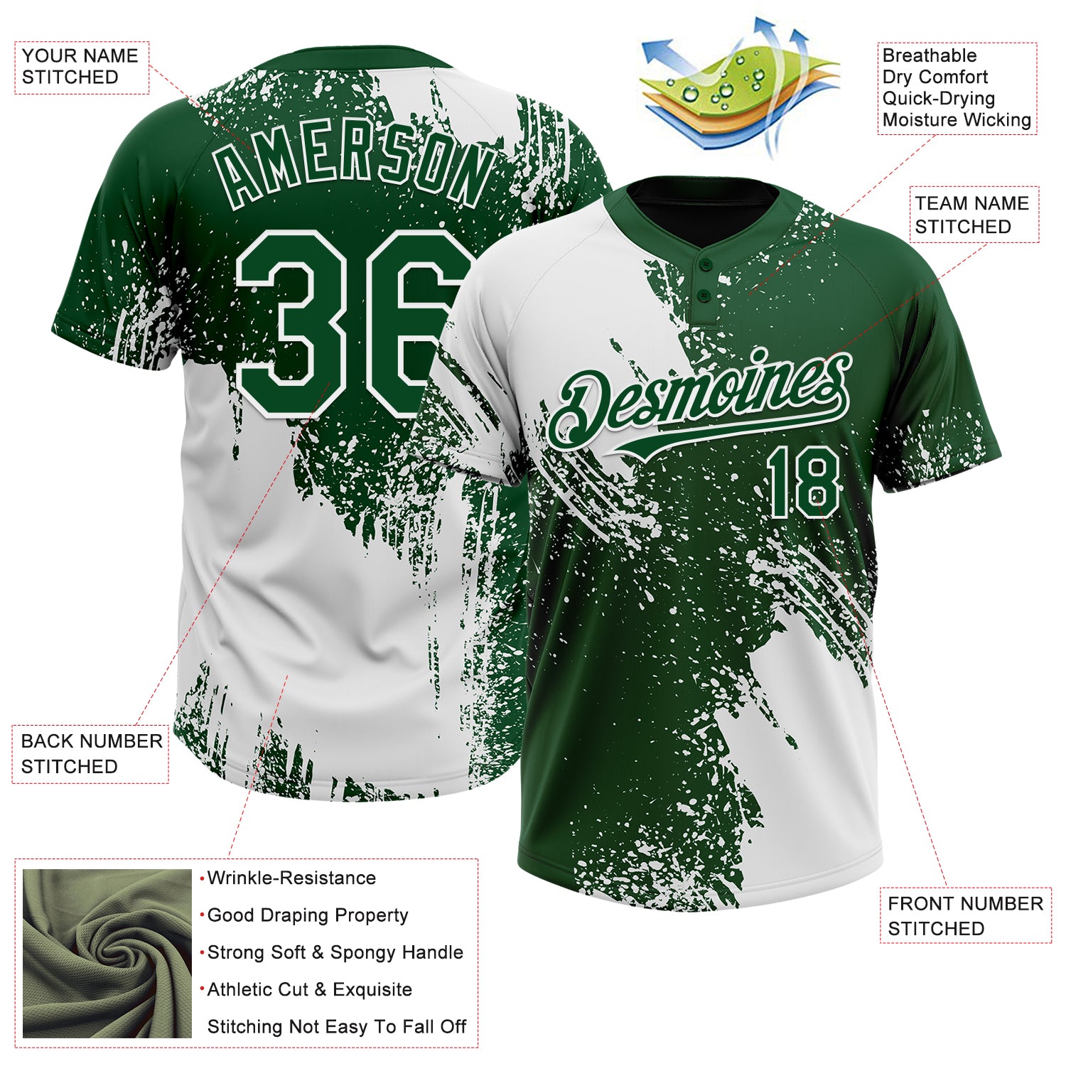 Custom White Green 3D Pattern Abstract Brush Stroke Two-Button Unisex Softball Jersey