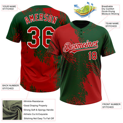 Custom Red Green-White 3D Pattern Abstract Brush Stroke Two-Button Unisex Softball Jersey