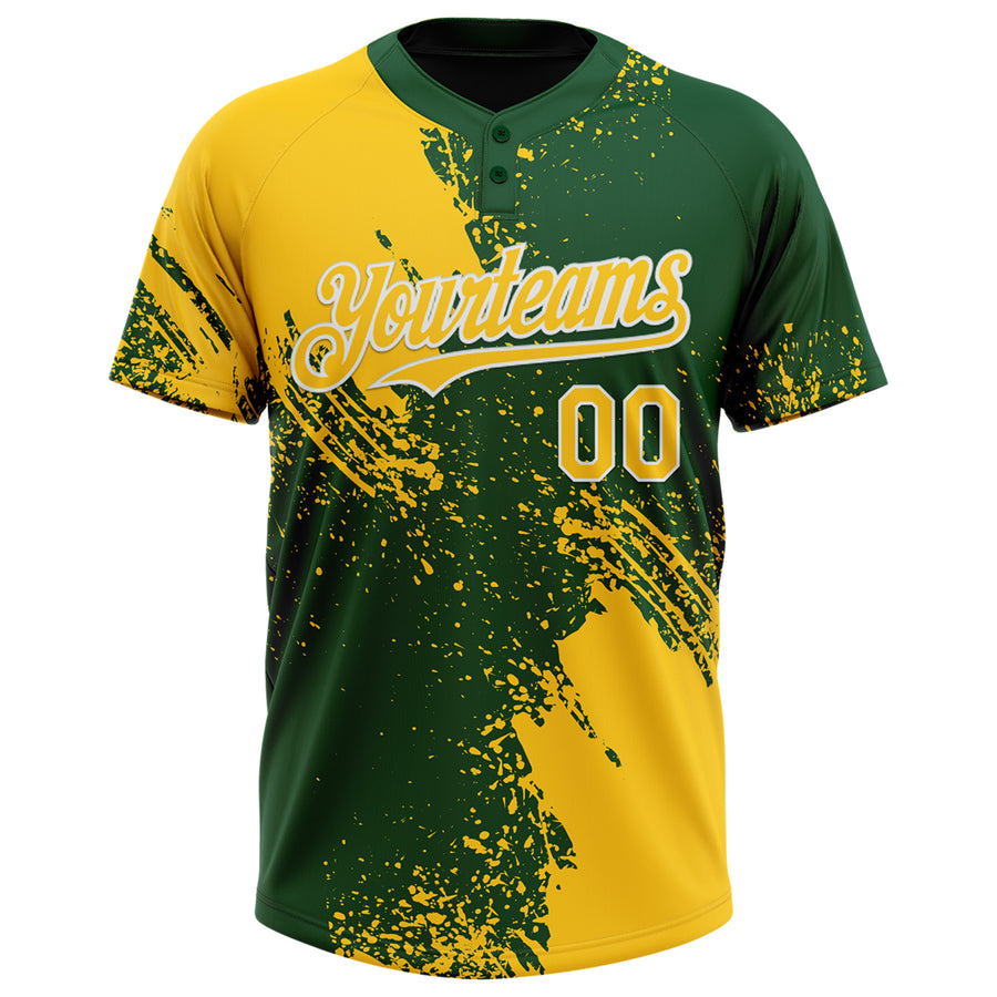 Custom Yellow Green-White 3D Pattern Abstract Brush Stroke Two-Button Unisex Softball Jersey