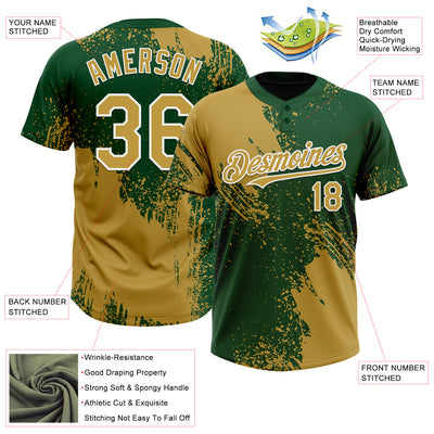 Custom Old Gold Green-White 3D Pattern Abstract Brush Stroke Two-Button Unisex Softball Jersey