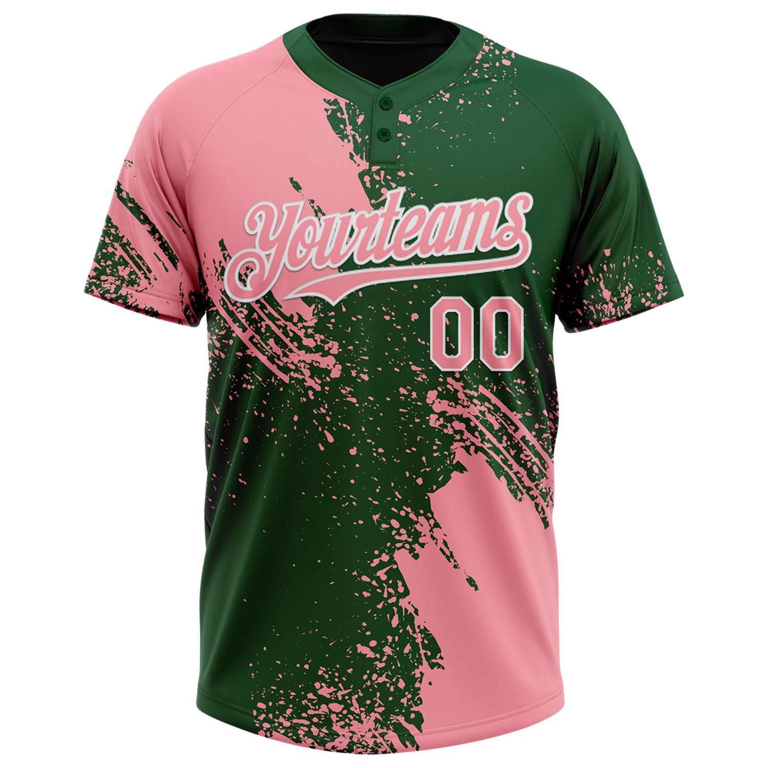 Custom Medium Pink Green-White 3D Pattern Abstract Brush Stroke Two-Button Unisex Softball Jersey