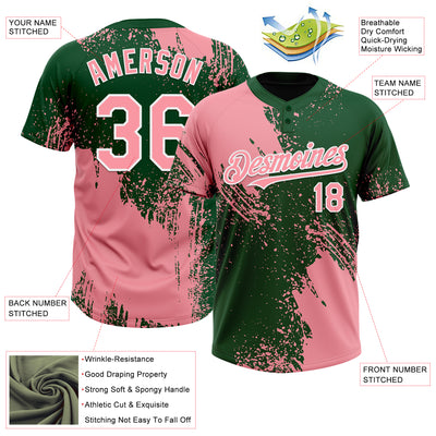 Custom Medium Pink Green-White 3D Pattern Abstract Brush Stroke Two-Button Unisex Softball Jersey