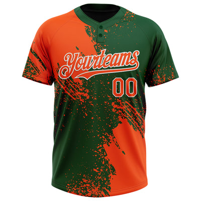 Custom Orange Green-White 3D Pattern Abstract Brush Stroke Two-Button Unisex Softball Jersey