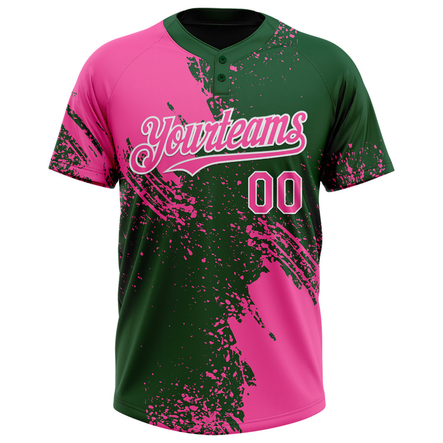 Custom Pink Green-White 3D Pattern Abstract Brush Stroke Two-Button Unisex Softball Jersey
