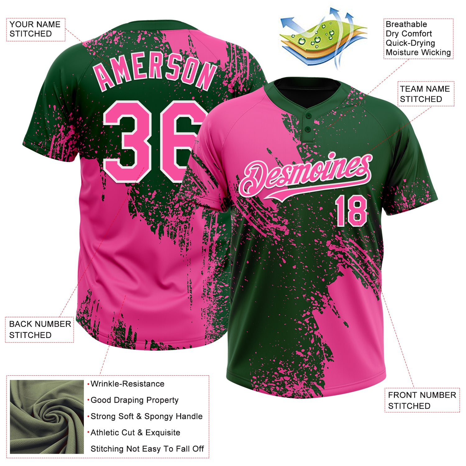 Custom Pink Green-White 3D Pattern Abstract Brush Stroke Two-Button Unisex Softball Jersey