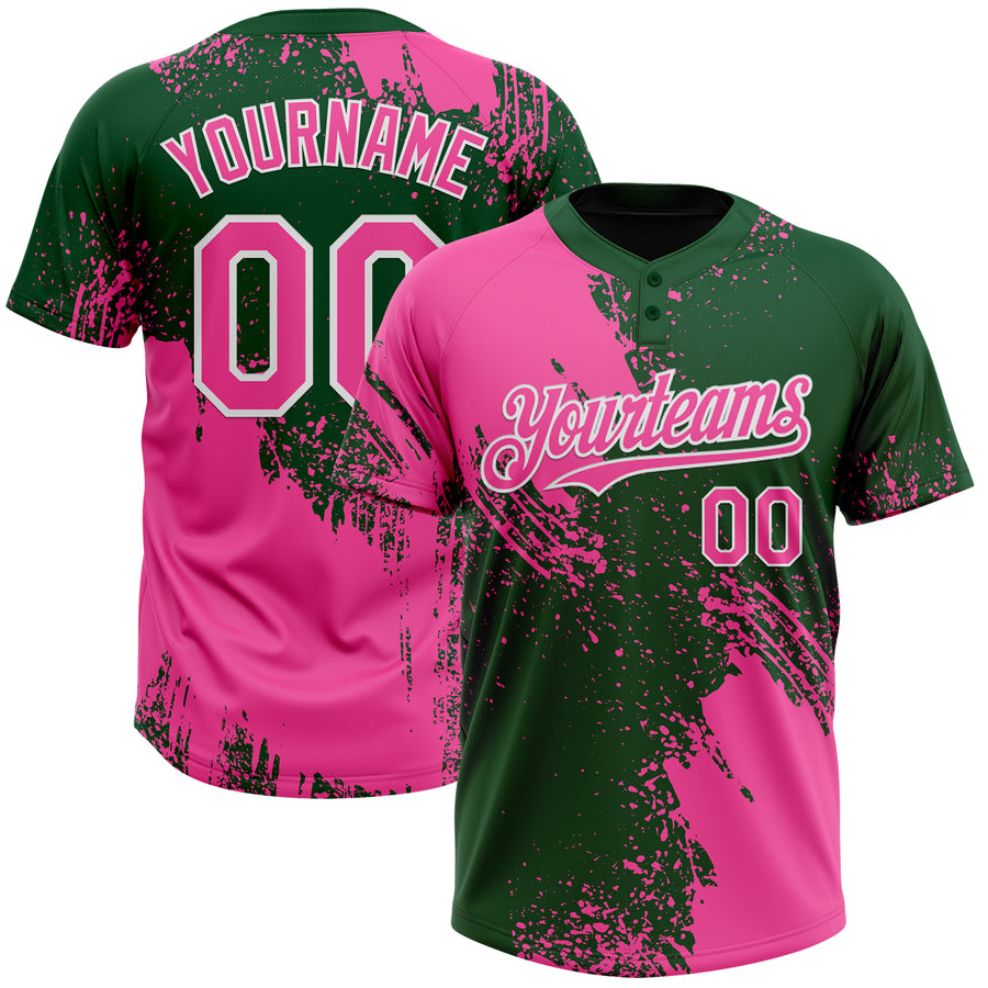 Custom Pink Green-White 3D Pattern Abstract Brush Stroke Two-Button Unisex Softball Jersey