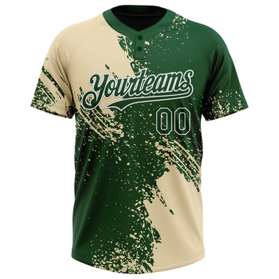 Custom Cream Green-White 3D Pattern Abstract Brush Stroke Two-Button Unisex Softball Jersey
