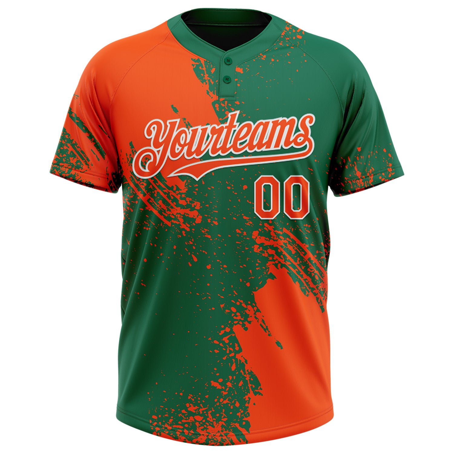Custom Orange Kelly Green-White 3D Pattern Abstract Brush Stroke Two-Button Unisex Softball Jersey
